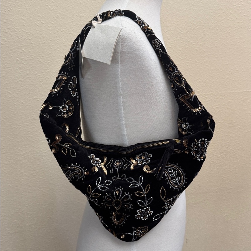 Free People Nashville Nights Beaded Black Velvet Shoulder Bag - Picture 2 of 12